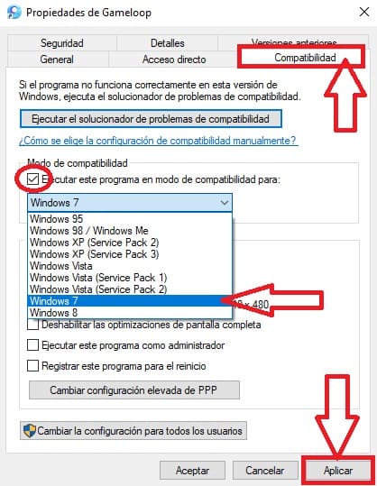 Configuracion de compatibilidad gameloop windows