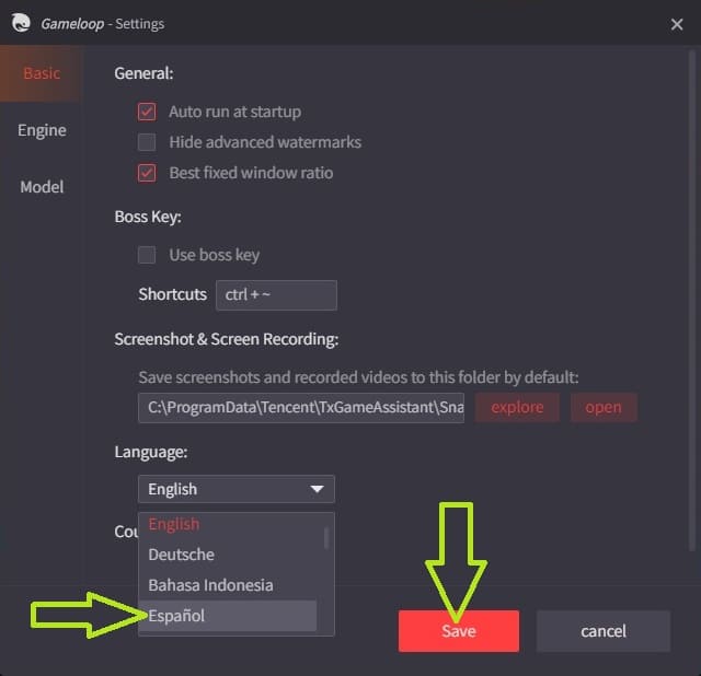 Aplicar cambios de idioma gameloop