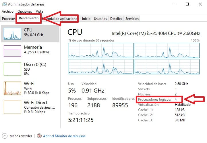 Conocer Hilos del cpu windows 10