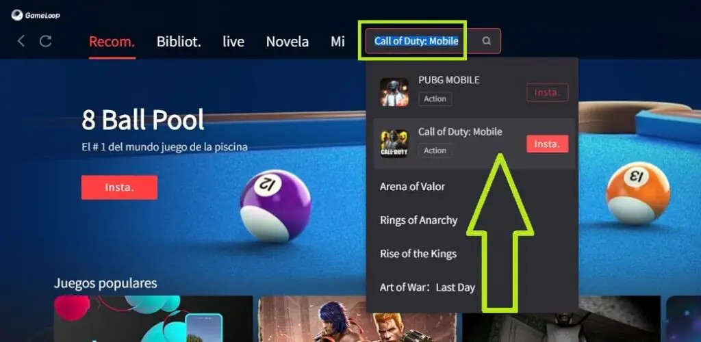 Buscar call of duty mobile en el emulador