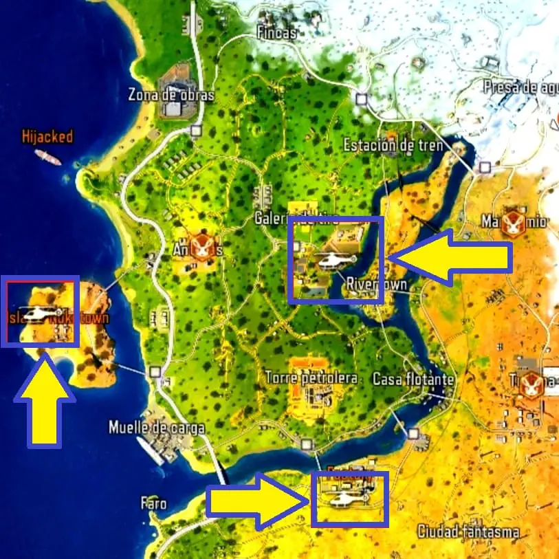 Mapa marcado con los lugares de aparición del helicóptero cod mobile